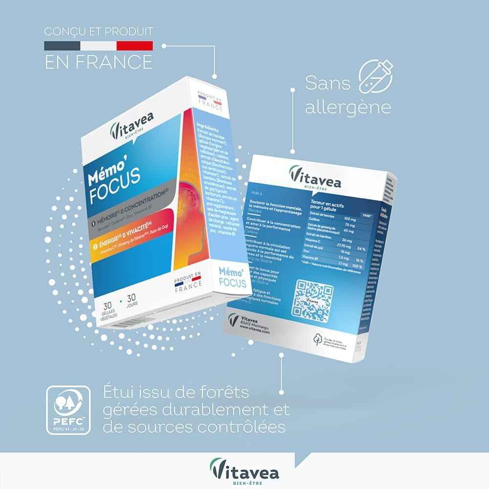VITAVEA BIEN-ETRE - Mémo'Focus - Complément Alimentaire Mémoire, Concentration Et Vitalité - Bacopa, Caféine, Zinc, Vitamine B1, Vitamine C, Ginseng - 30 Gélules - 30 Jours - Fabriqué En France