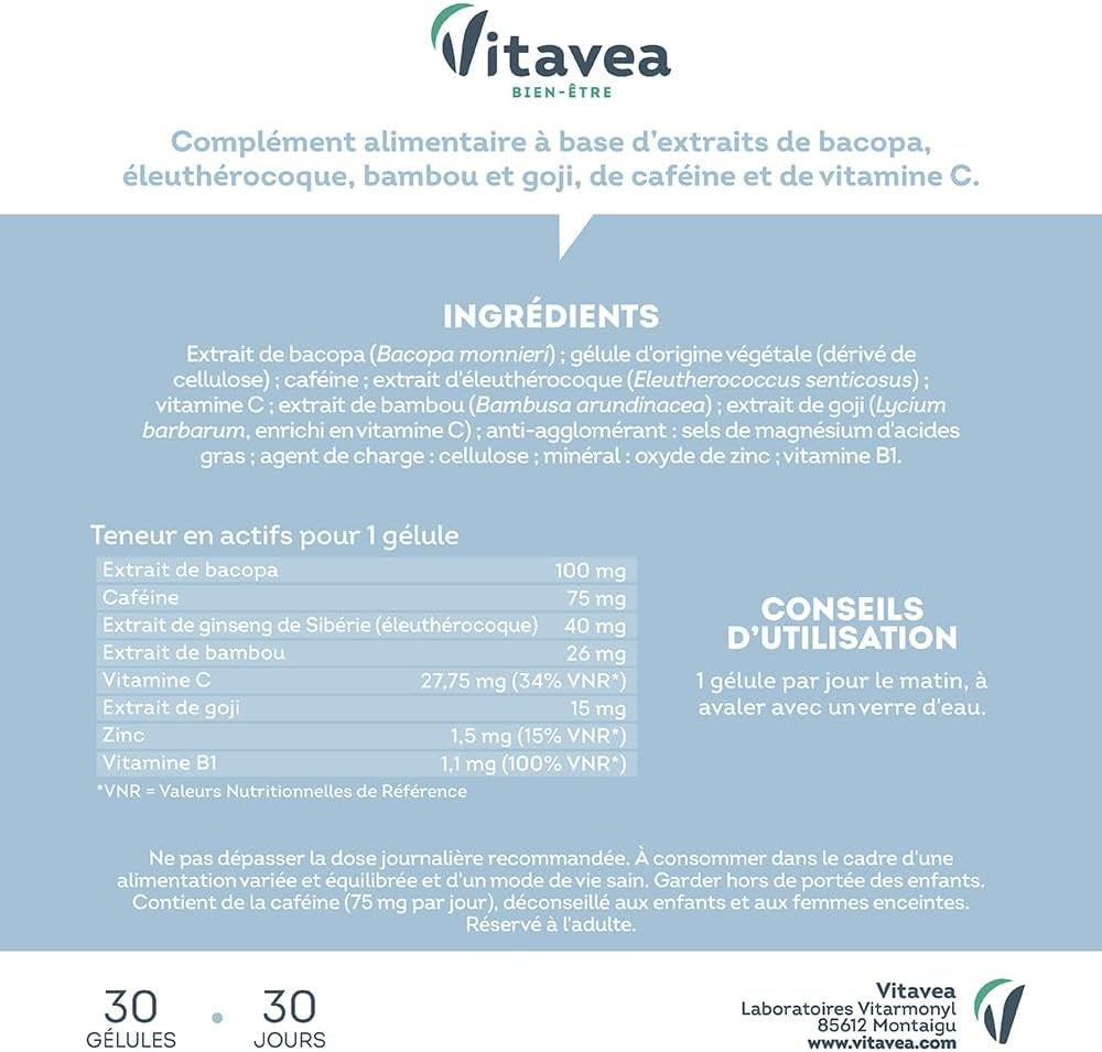 VITAVEA BIEN-ETRE - Mémo'Focus - Complément Alimentaire Mémoire, Concentration Et Vitalité - Bacopa, Caféine, Zinc, Vitamine B1, Vitamine C, Ginseng - 30 Gélules - 30 Jours - Fabriqué En France