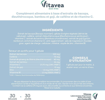 VITAVEA BIEN-ETRE - Mémo'Focus - Complément Alimentaire Mémoire, Concentration Et Vitalité - Bacopa, Caféine, Zinc, Vitamine B1, Vitamine C, Ginseng - 30 Gélules - 30 Jours - Fabriqué En France