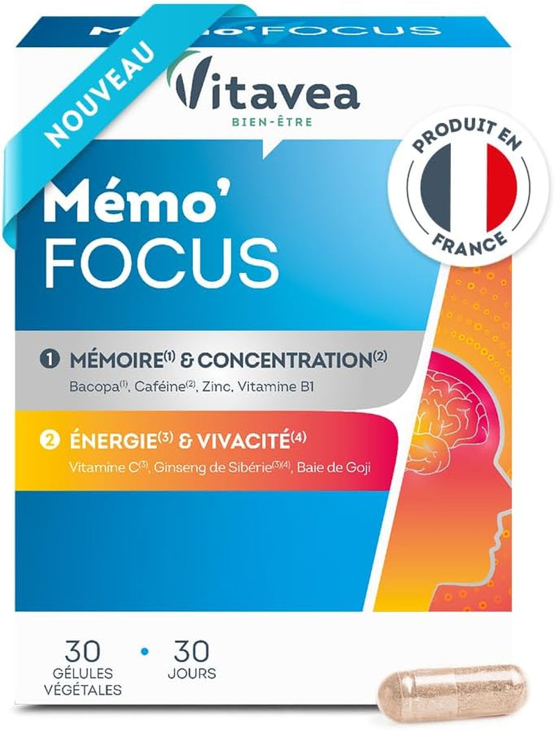 VITAVEA BIEN-ETRE - Mémo'Focus - Complément Alimentaire Mémoire, Concentration Et Vitalité - Bacopa, Caféine, Zinc, Vitamine B1, Vitamine C, Ginseng - 30 Gélules - 30 Jours - Fabriqué En France