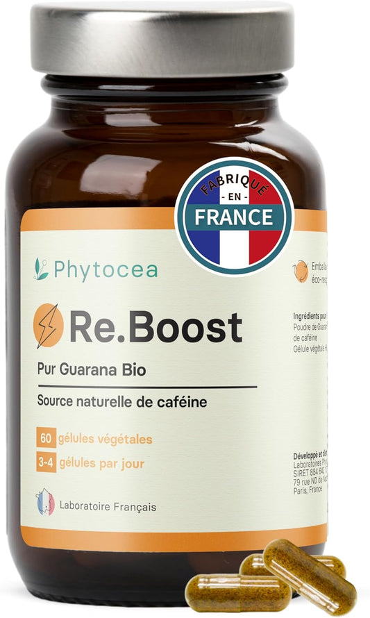 - Complément Alimentaire Guarana Bio Booster D'Energie Naturelle | Caféine, Vitamines Adultes A, E, B1| Pre Workout Puissant | Cure 60 Gélules Vegan | Complement Fabriqué En France