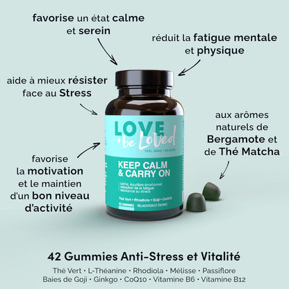 Gummies Anti-Stress Et Vitalité “Keep Calm & Carry On” | 42 Gommes Vegan | Complément Alimentaire | Calme Et Sérénité | Réduction De La Fatigue Mentale Et Physique | Made in France |