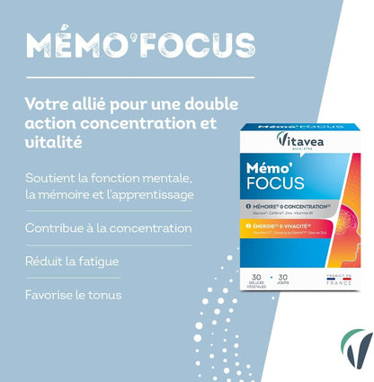 VITAVEA BIEN-ETRE - Mémo'Focus - Complément Alimentaire Mémoire, Concentration Et Vitalité - Bacopa, Caféine, Zinc, Vitamine B1, Vitamine C, Ginseng - 30 Gélules - 30 Jours - Fabriqué En France